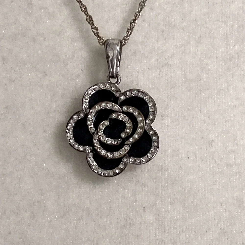 Black Camellias Flower Luxury Style Crystal Accents Necklace - Picture 2 of 11